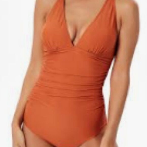 cupshe rust colored runched sides halter top one piece swimsuit size medium - Picture 3 of 4